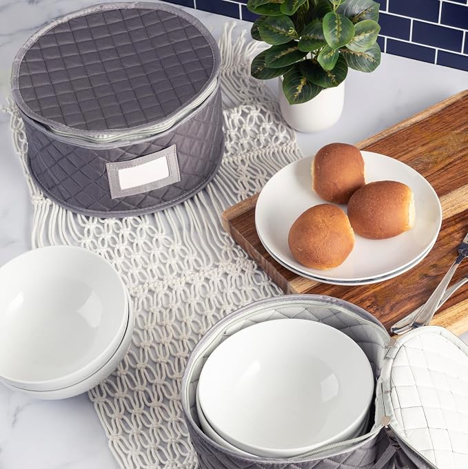 China Storage Case - Saucer or Small Plate Quilted Case - 7" diameter x 6" height - Gray - Includes 12 Felt Separators -Stackable With Padded Interior - Great for Appetizer Plates