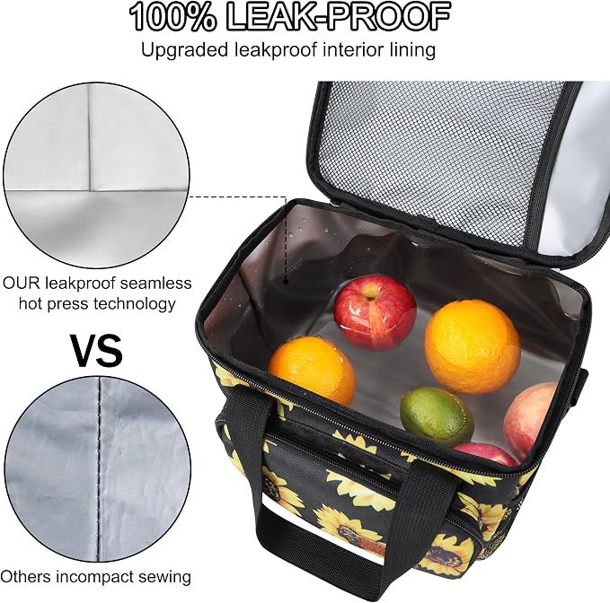 Lunch Bags for Women/Men, Insulated Lunch Bag for Work Office - Lunch Cooler Bag Leakproof Lunch Box with Adjustable Shoulder Strap - Sunflower