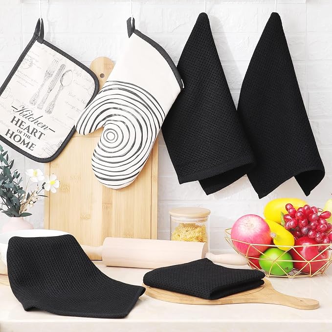 Homaxy 100% Cotton Waffle Weave Kitchen Dish Cloths, 4-Pack, Black | 12 x 12 Inches, Ultra Soft Absorbent Dish Towels, Quick Drying Dish Rags with Hanging Loop