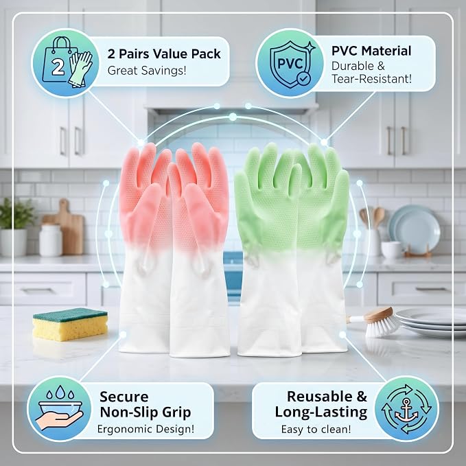 Cleaning Gloves 2 Pairs, Medium Reusable Dishwashing Gloves Honeycomb Non-Slip Grip, Waterproof Long Cuff Household Gloves for Kitchen Dishes Bathroom Laundry Pet Bath, Mint Green & Pink for Women