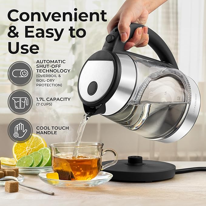 Zulay Kitchen Fast-Boiling Electric Kettle - 1.7L Hot Water Kettle 1500W With Auto Shut-Off - Water Boiler For Coffee & Tea - Boil-Dry Protection, Cool-Touch Handle, 360° Base - Black