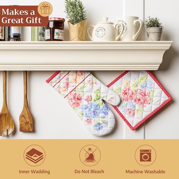 Maison d'Hermine Oven Gloves 100% Cotton Oven Mitt (7" x 13", Pack of 1) | With Loop Heat Resistant BBQ Cooking Gloves Baking Grilling Kitchen Handling Hot Pans Spring Summer - Vintage Floral