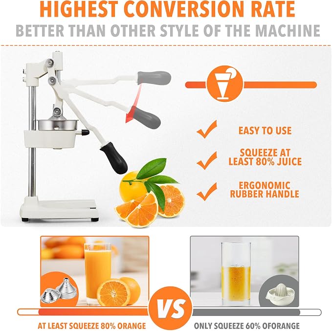 19 Inch Height Extra Tall Commercial Heavy Duty Cast Iron Hand Press Manual Orange Citrus Lemon Lime Grapefruit Pomegranate Fruit Juice Squeezer Machine with Stainless Steel Cup White