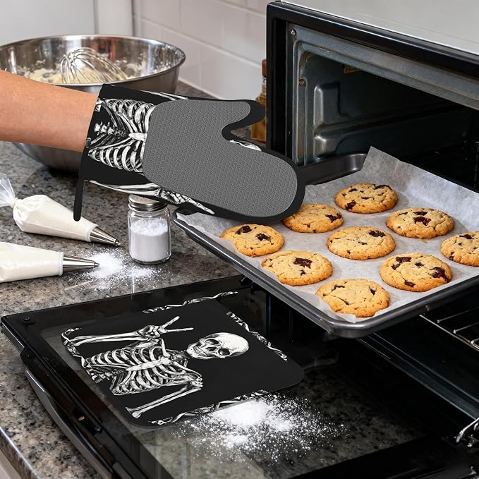 Funny Skull Heat-Resistant Silicone Oven Mitts and Pot Holders 4 Piece Set,Extra Long Non-Slip Kitchen Oven Gloves for Cooking, Baking, BBQ,Grilling