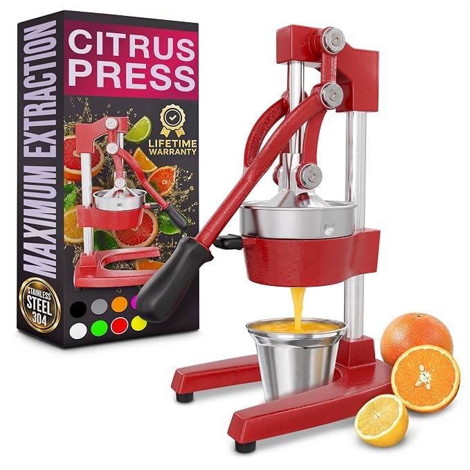 Cast Iron Juicer Hand Press, Heavy-Duty Squeezer, 304 Stainless Steel Bowl – One Pull Extracts Full Juice – Manual Citrus Press Juicer & Orange Squeezer for Lemon, Lime & Lemonade at Home Bar (Red)