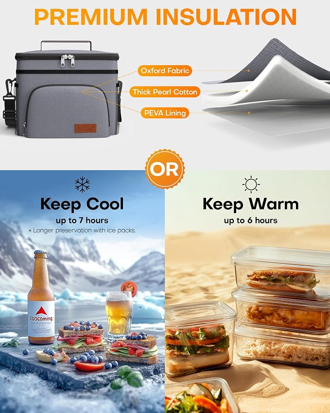 HOTOR Insulated Lunch Box Men Women Leak-Proof Cooler Lunch Bag 9L | 4 Pockets, Adjustable Strap, Ideal for Work, Picnic, Travel, Camping, Gift, Light Grey