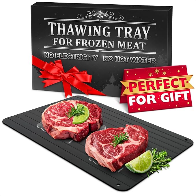 Defrosting Tray for Frozen Meat, 11.6" × 8.2", Aluminum Base, Gift Package | Rapid Thawing Tray for Frozen Meat: Steak, Chicken, Fish, Pork & Ground Beef; Non-Electric, Non-Stick Surface; Fast Defrost