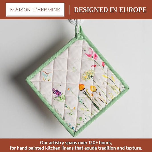 Maison d' Hermine Pot Holders 100% Cotton Potholders (8" x 8", Pack of 1) | Heat Resistant Hot Pads with Loop BBQ Cooking Baking Farmhouse Kitchen Handling Hot Pans Spring Summer - Botanical Fresh