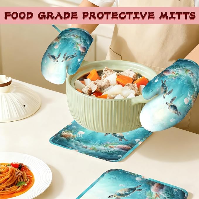 Sea Turtles Oven Mitts and Pot Holders (4PCS),Jellyfish Coral Heat Resistant Non-Slip Silicone Kitchen Gloves for Cooking, Baking, BBQ Waterproof Kitchen Accessories