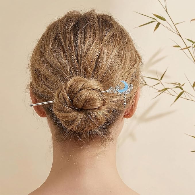 8 Pcs Star Moon Hair Sticks Chinese Hanfu Asian Hair Chopsticks Metal Silver Hair Bun Updo Holders for Women Accessories Long Hair