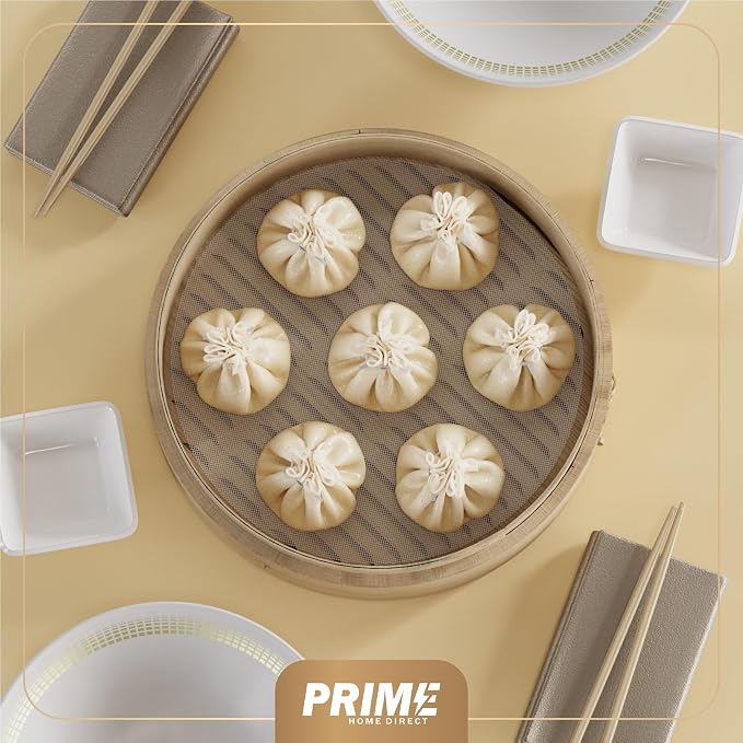 Bamboo Steamer Basket - Cook Delicious Meals with Authentic Flavor at Home | 12 Inch, 2 Tiers + 50 Liners, Chopsticks and Sauce Dish - Steam Family Portions of Dumplings, Bao and Vegetables at Once