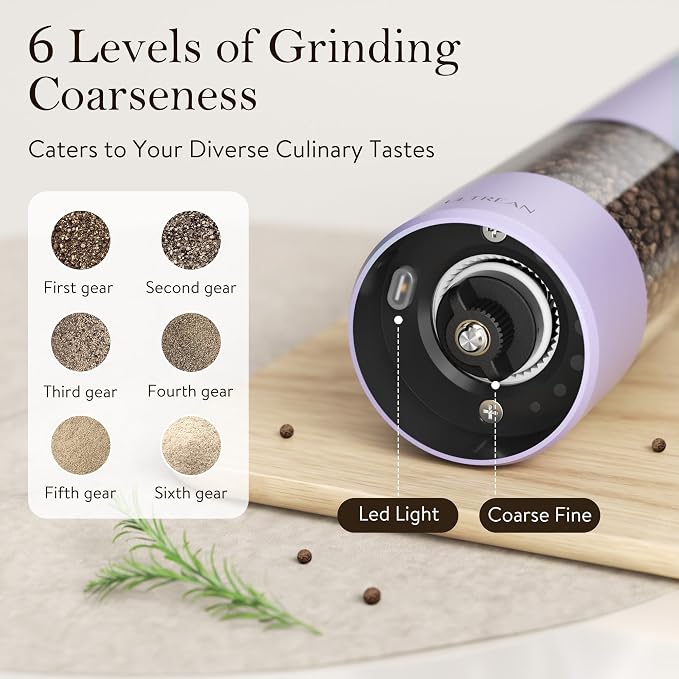 Ultrean Pepper Grinder, Rechargeable Salt and Pepper Grinder with 6 Adjustable Coarseness, LED Light, Automatic Salt and Pepper Shakers, Kitchen Gadgets, Gifts for Women, Lavender Purple
