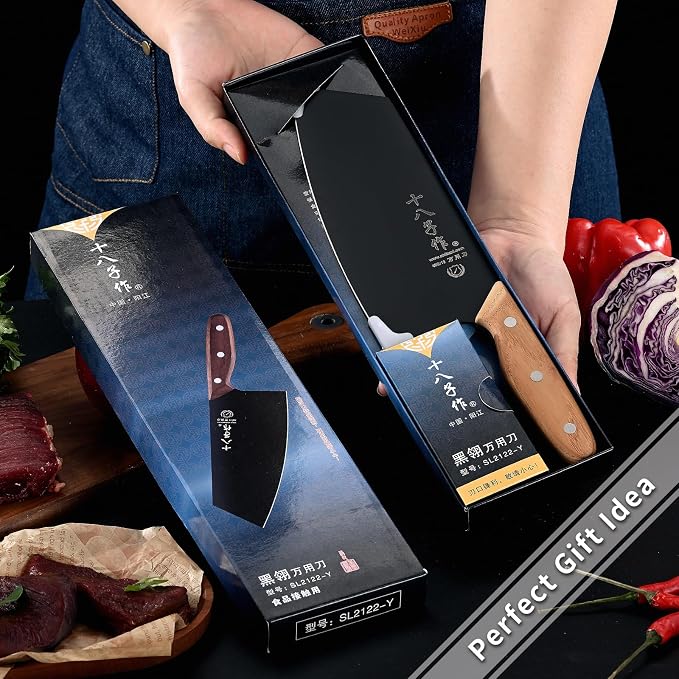 SHI BA ZI ZUO Meat Cleaver, Vegetable Cleaver, Utility Knife Chinese Chef Knife for Kitchen Stainless Steel Ergonomic Design Wooden Handle