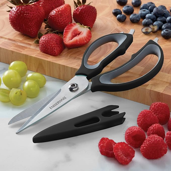 Farberware 4-in-1 Kitchen Shears with Sheath, High-Carbon Stainless Steel Scissors with Bottle Opener, Jar Opener and Screwdriver, Grey and Black Ergonomic Handle