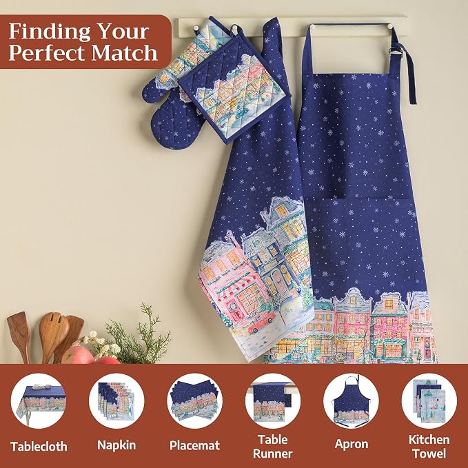 Maison d' Hermine Pot Holders 100% Cotton Potholders (8" x 8", Pack of 2) | Heat Resistant Hot Pads with Loop BBQ Cooking Kitchen Handling Hot Pans Thanksgiving Christmas - Christmas Market - Blue