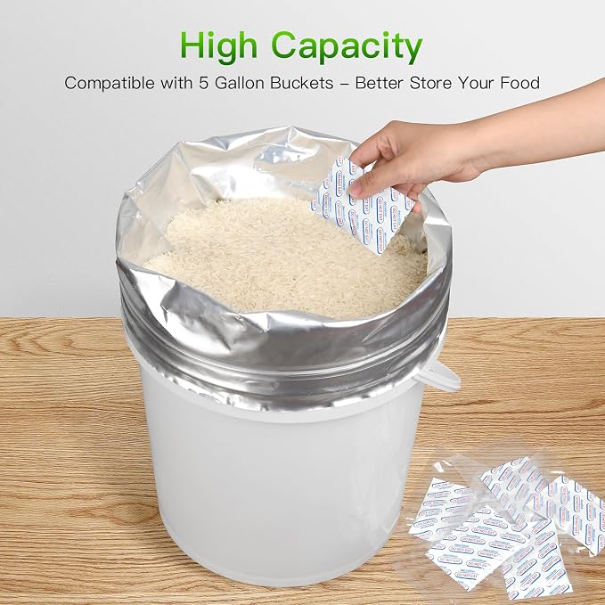 5-Gallon Mylar Bags with 2500cc Oxygen Absorbers for Food Storage, 10-Pack | 11.8 Mil Heavy Duty, 17x27 inch, Fits 5-Gal Buckets, 100% Light, Odor & Moisture Barrier, Resealable, Stand-up Zipper