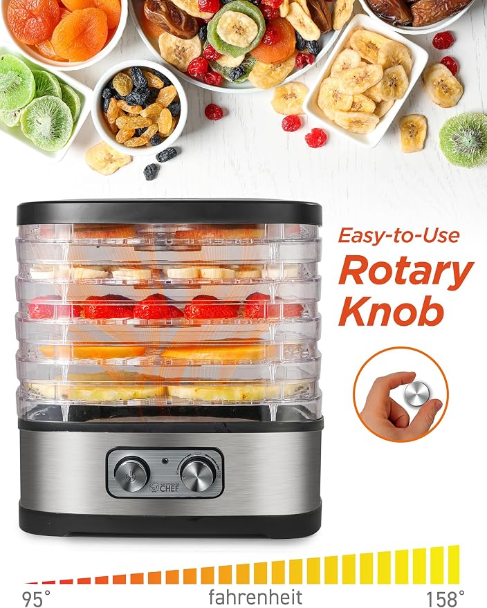 Commercial Chef Food Dehydrator, 5 BPA-Free 10” x 9.25” Trays, CHD200S | Stainless Dehydration Machine for Beef Jerky, Dehydrated Vegetables, Fruits and More, 240V