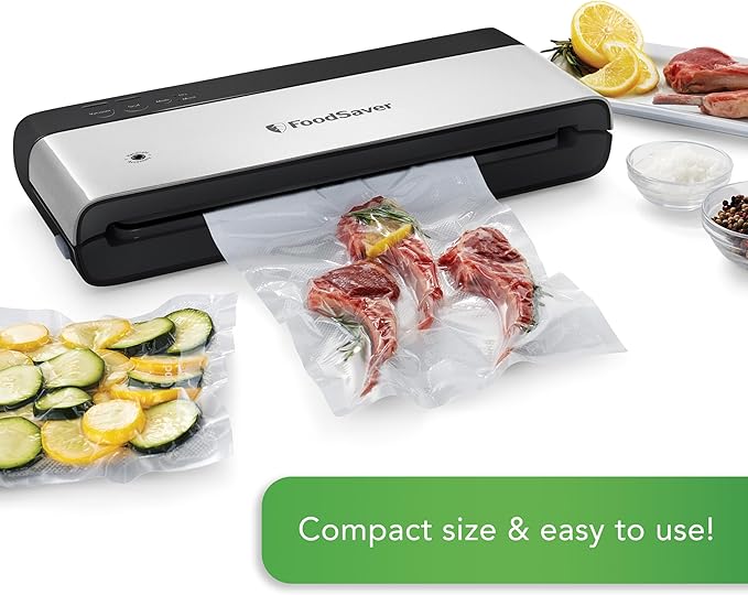 FoodSaver PowerVac Compact Vacuum Sealing Machine Stainless Steel & Black Vertical Storage VS0150 | Preserves freshness reduces bag waste for both dry and wet food