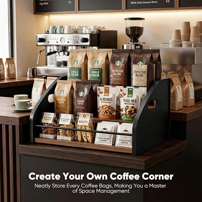 3-Tier Coffee Syrup Rack with Easy-Carry Handles | Retro Large Countertop Bottle Organizer Shelf |15 Syrup Bottles Holder | Sturdy Freestanding Bar Stand for Coffee, Whiskey & Spirits