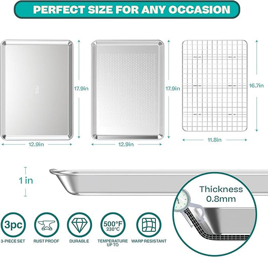 Baking Sheet with Rack Baker's Secret Pure Aluminum Non Toxic PTFE, PFAS, PFOA, BPA Free Baking Pans Set, 100% Recycled, 3pcs Bakeware Set Baking Pans Cookie Sheets 18"