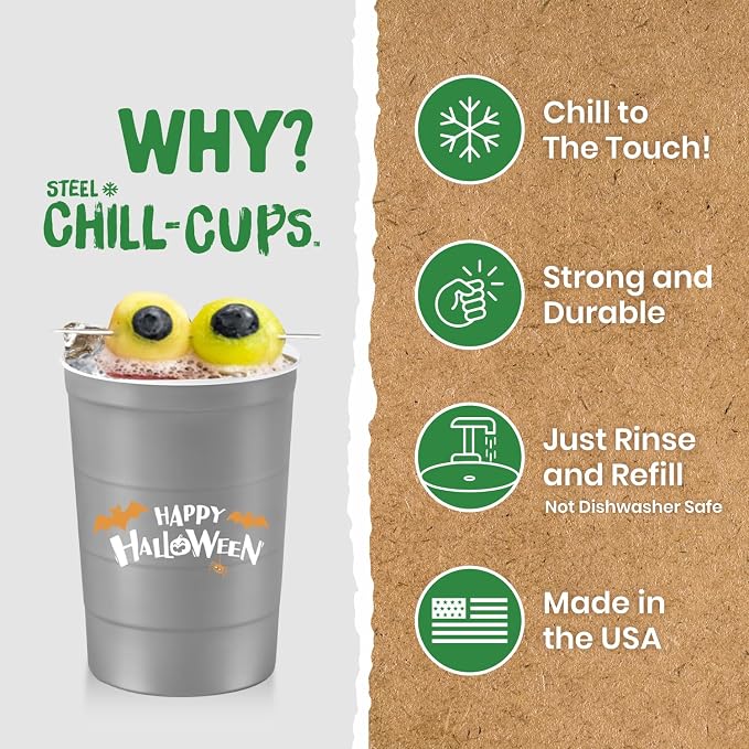 Steel Chill Cups 16 oz. Reusable Party Cups, Happy Halloween, 12 Count | Made in USA from Steel these durable cups chill fast & keep your drink cold for longer, 100% recyclable for sustainablity