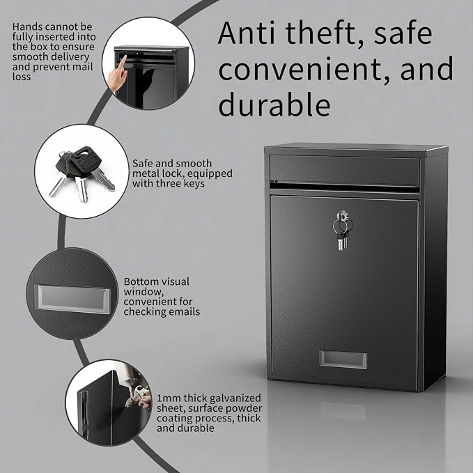 Wall Mounted Locking Mailbox for Outside, Heavy Duty Steel Black | Large capacity wall mounted mailbox, fits letters, magazines, parcels, waterproof design with secure lock