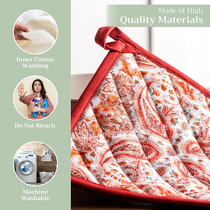 Maison d' Hermine Pot Holders 100% Cotton Potholders (8" x 8", Pack of 1) | Heat Resistant Hot Pads with Loop BBQ Cooking Baking Hotel Kitchen Handling Hot Pans Thanksgiving Christmas - Orient