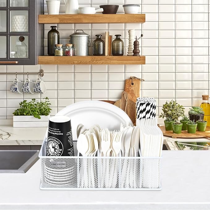 VIKEYHOME Paper Plate Organizer, Metal Silverware Caddy, White | 6 Compartments Utensil Holder for Plate, Knives, Spoon, Cup, Fork, Napkin, Caddy for Party, Camping, Picnic