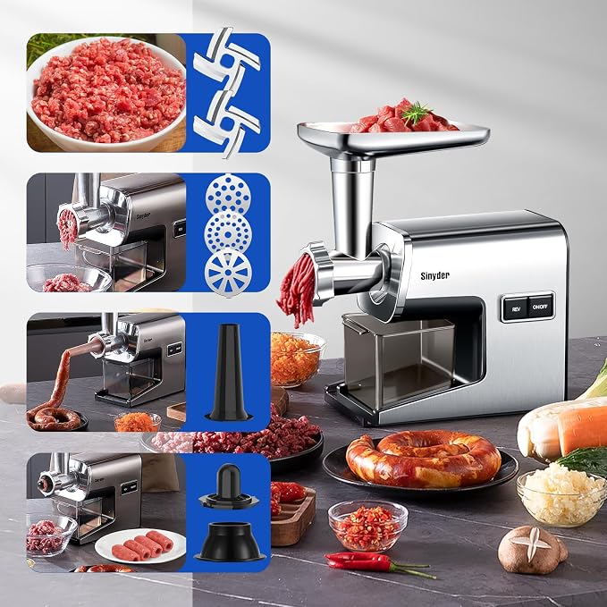 Sinyder Electric Meat Grinder, 3000W Max Stainless Steel with Meat Claws | Pure Copper Motor, Metal Gears, Stainless Steel Body,Meat Claws, 2 Blades & 3 Plates,Sausage Stuffer Tubes & Kubbe Kit