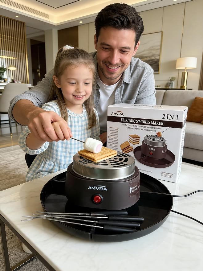 AMVRA Indoor Electric S'Mores Maker Smores Kit with 4 Stainless Steel Marshmallow Roasting Sticks and 4 Trays for Graham Crackers, Chocolate, and Marshmallows - Movie Night Supplies - Black