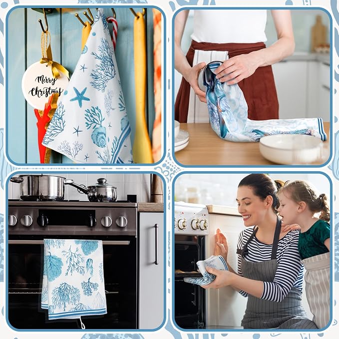 Boyiee Set of 6 Beach Kitchen Towels Coastal Ocean Dish Towels Sea Nautical Tea Towels Absorbent 24 x 16 Inches Shell Coral Starfish Hand Towels Summer Gifts for Farmhouse Kitchen Bathroom Decorations