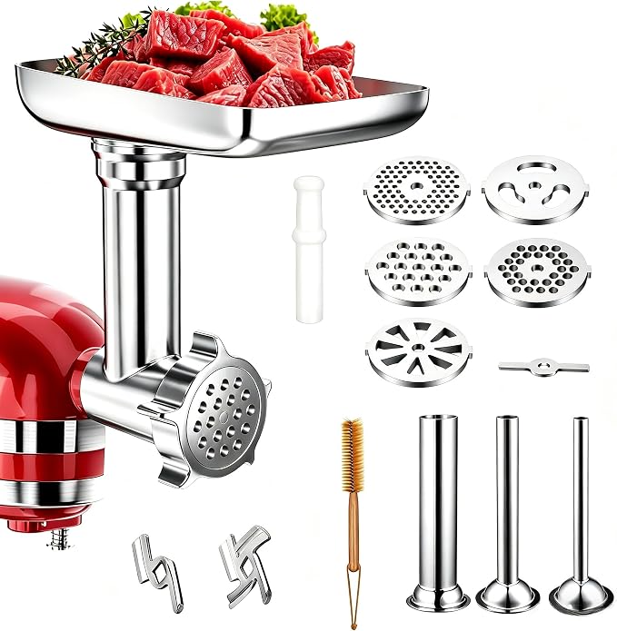 100% Stainless Steel Meat Grinder for KitchenAid Mixer, Dishwasher Safe | Includes 3 Sausage Stuffer Tubes & 4 Grinding Plates, Anti-Corrosion Polished Design（Not include the KitchenAid Mixer）