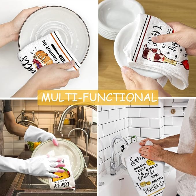 Funny Kitchen Towels and Dishcloths Sets of 4 Kitchen Towels with Sayings Cheese Bundts Absorbent Drying Tea Dish Towel for Cooking Baking Home Decorations,16 x 24 Inch