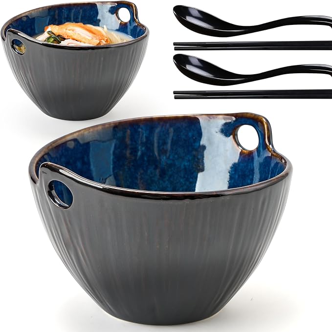 Ramen Bowl with Chopsticks and Spoons Set, 7 Inch Ceramic Noodle Bowl Set of 2, Donburi Bowl Dishwasher Safe for Pho Udon Soba Noodle Salad Pasta, Special Midnight Tide Bowls Set