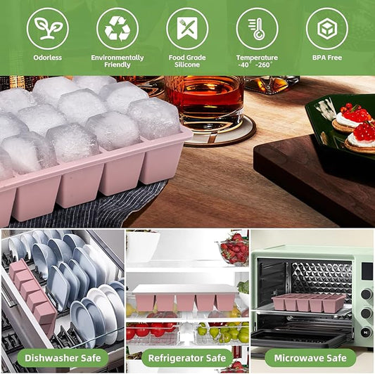 FANYITY Bpa Free Silicone Ice Cube Trays 4-Pack with Locks lids,Easy Release Ice Molds for Freezer,Perfect for Cocktails, Whiskey, Coffee