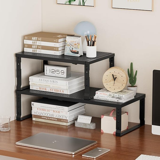 Metal Stackable Expandable Storage Shelf - Multi-Functional Home Storage Shelf, Suitable for Kitchen, Cabinet，Bathroom, Office, Garage, etc.（1PACK/Black/Large