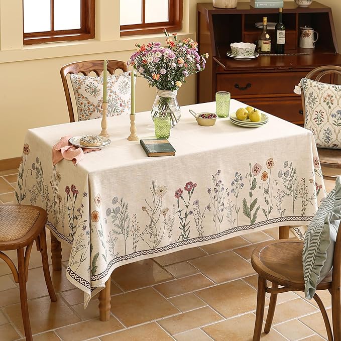 ISAENNE Designer Off White Linen Table Cloth for Rectangle Table,Floral Elegant Tablecloth,Stain Resistant Vintage Decor Tablecloths for Dining Thanksgiving Kitchen,55"*79"-Serenity G