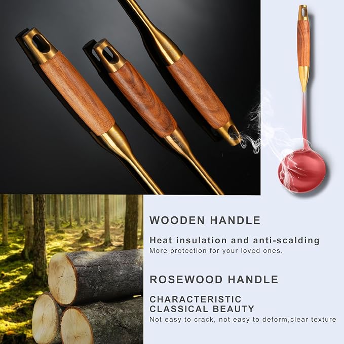 Gold Kitchen Utensils Set Stainless Steel 9 PCS with Wooden Handle | Food-grade 304, Sturdy, Wooden Handle, Anti scald, Work with large batches, Good weight, Well Balance, 13-14 Inch