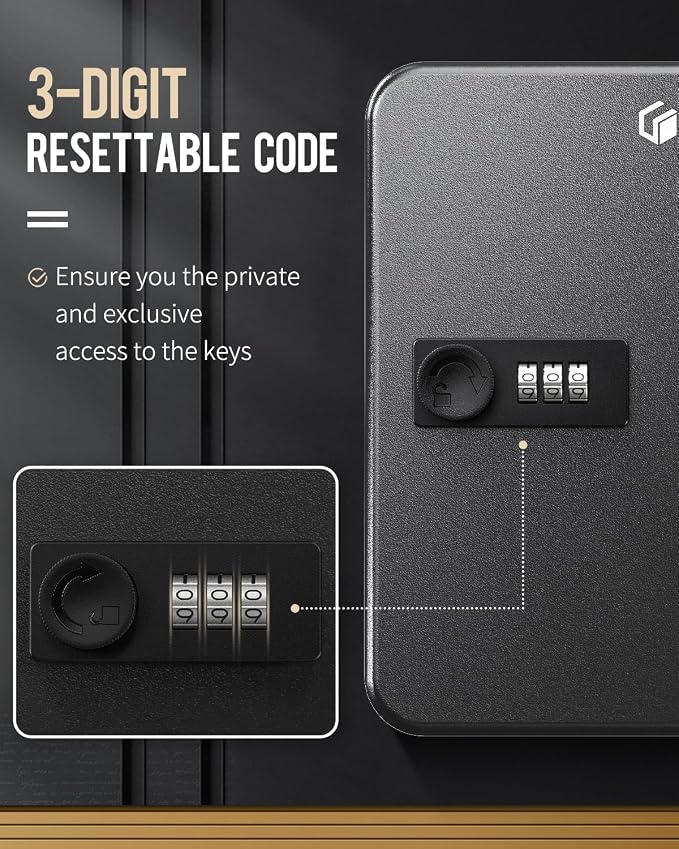 Uniclife 20-Key Steel Key Cabinet, Black Key Box with Combination Lock | Resettable Digital Security Storage Box, Wall-Mounted Key Organizer with Colorful Key Tag Labels for Schools and Companies