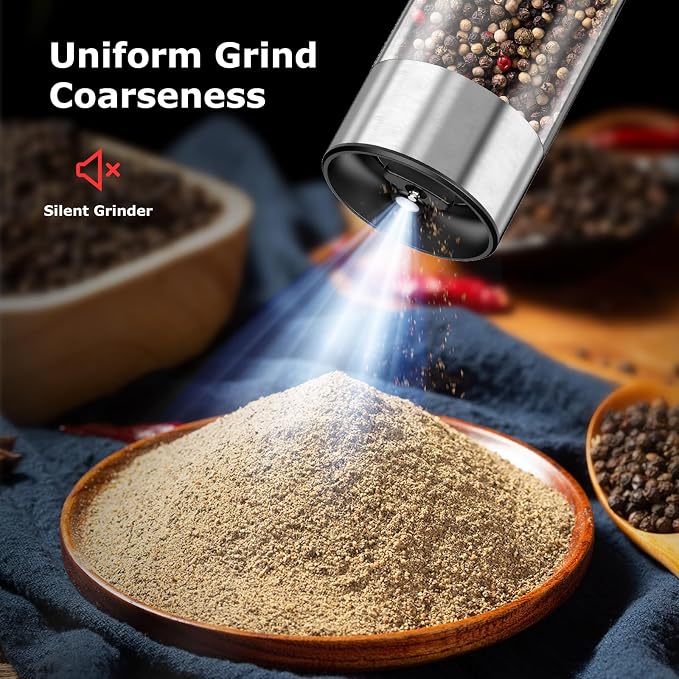 Bonsenkitchen Electric Salt and Pepper Grinder Set, 95ml Large Capacity, Clean Brush, Stainless Steel Adjustable Pepper Mill with LED for Kitchen, BBQ & Camping, Battery Powered (Not Included)