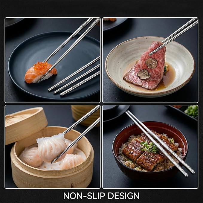 5 Pairs Chopsticks Dishwasher Safe, Stainless Steel Chopsticks | Non Slip Metal Chop Sticks Reusable Japanese Korean Chinese Chopstick for Home Restaurant Cooking Eating