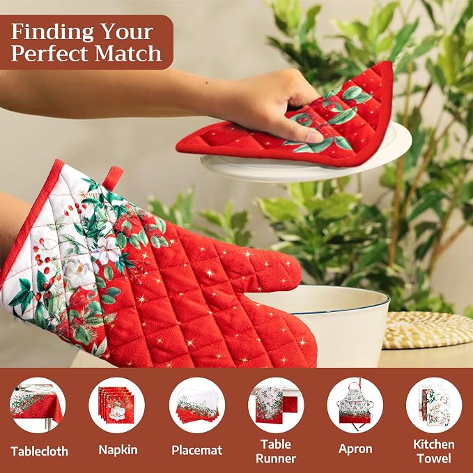 Maison d' Hermine 100% Cotton Oven Mitt & Pot Holder Set (7.5"x13" & 8"x8") | Heat Resistant BBQ Cooking Gloves with Loop Baking Grilling Kitchen Hotel Home Farmhouse Thanksgiving Christmas - Noel