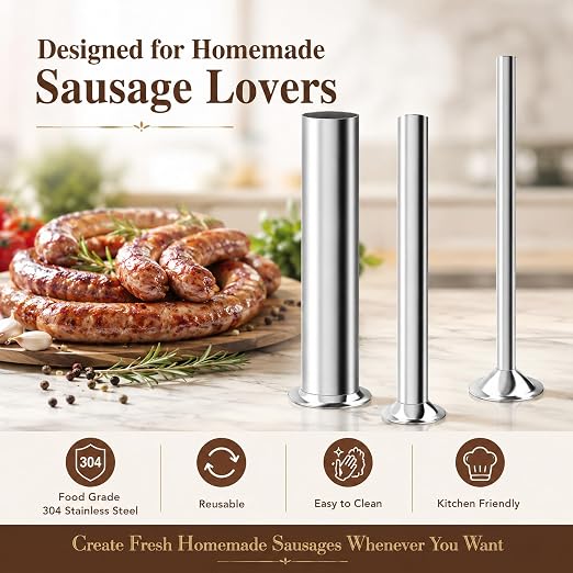 3 Size Stainless Steel Sausage Stuffer Tubes Kit | Replacement Funnels for LEM Sausage Stuffers (Includes 3/4", 1/2", 3/8" Sizes)