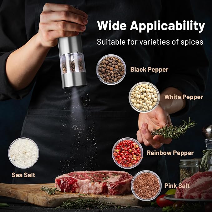 SIMPLETASTE Electric Salt and Pepper Grinder Set with LED Light, Automatic Pepper Mill Shakers with Adjustable Coarseness, One Hand Operation for Kitchen, Dining, Gifting, Silver, Battery Operated