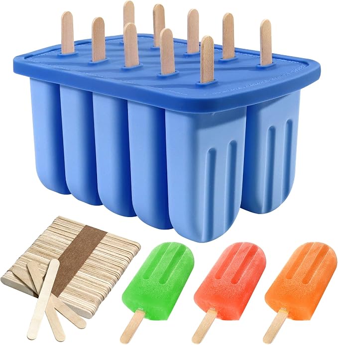 Popsicles Molds, 10 Cavity Silicone Popsicle Molds Easy-Release BPA-free Popsicle Maker Molds Ice Pop Molds Homemade Popsicle Ice Cream Molds with 50PCS Popsicle Sticks for Yogurt Juice Smoothies