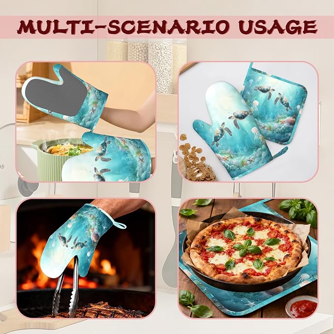 Sea Turtles Oven Mitts and Pot Holders (4PCS),Jellyfish Coral Heat Resistant Non-Slip Silicone Kitchen Gloves for Cooking, Baking, BBQ Waterproof Kitchen Accessories