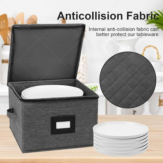 China Storage Containers Hard Shell, 13" Plates Storage Box for Dishes | Stackable Dinnerware Storage Containers with 24 Felt Dividers (2 Pack Black)
