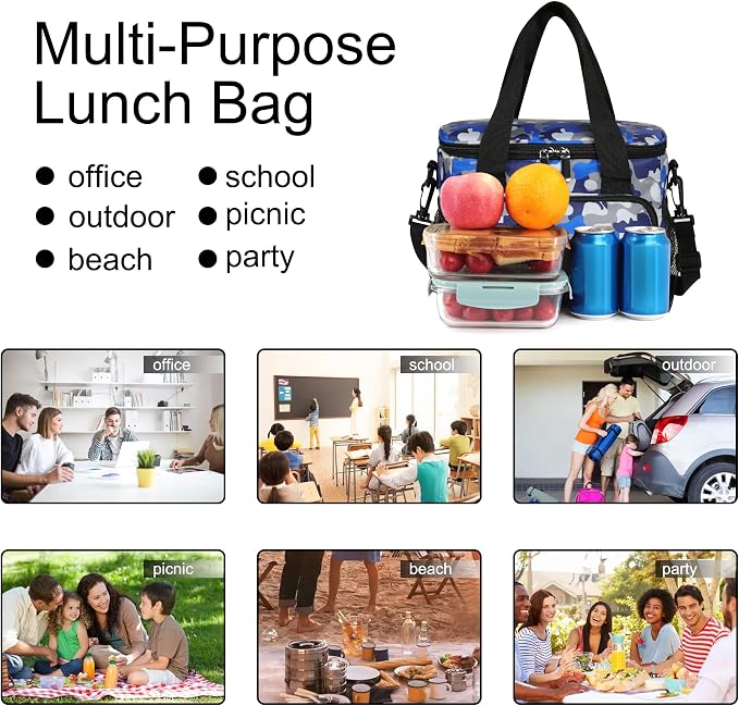 Lunch Bags for Women/Men, Insulated Lunch Bag for Work Office - Lunch Cooler Bag Leakproof Lunch Box with Adjustable Shoulder Strap - Blue Camouflage
