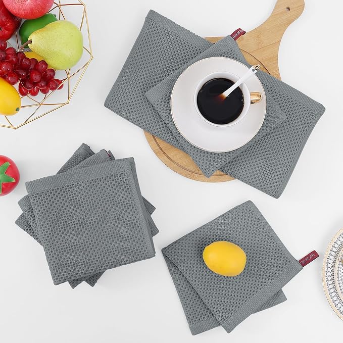 Homaxy 100% Cotton Waffle Weave Kitchen Dish Cloths, 7-Pack, Grey | 12 x 12 Inches, Ultra Soft Absorbent Dish Towels, Quick Drying Dish Rags with Hanging Loop