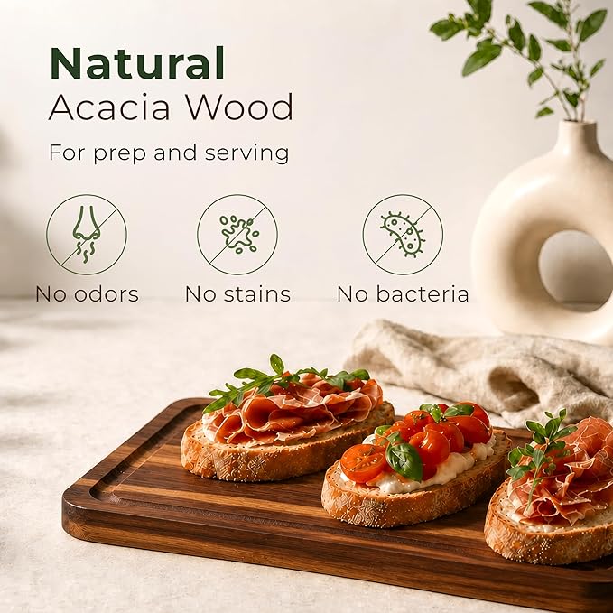 Acacia Wood Cutting Board Set of 3 with Holder, Juice Grooves & Handles | Durable and knife-friendly for chopping, food prep and charcuterie serving; three sizes with a matching storage stand